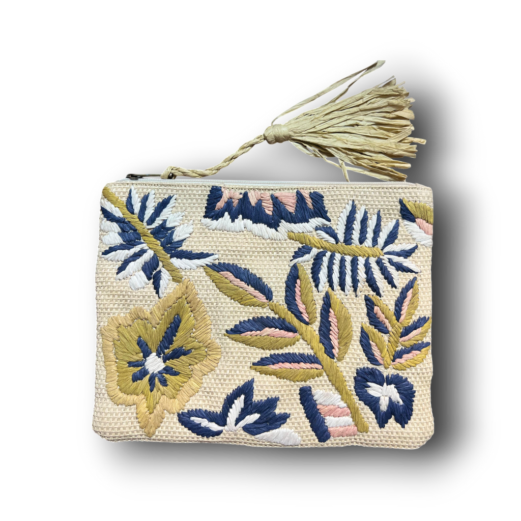 Embroidered Raffia Pouch Bag