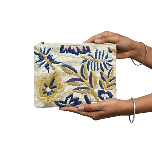 Embroidered Raffia Pouch Bag